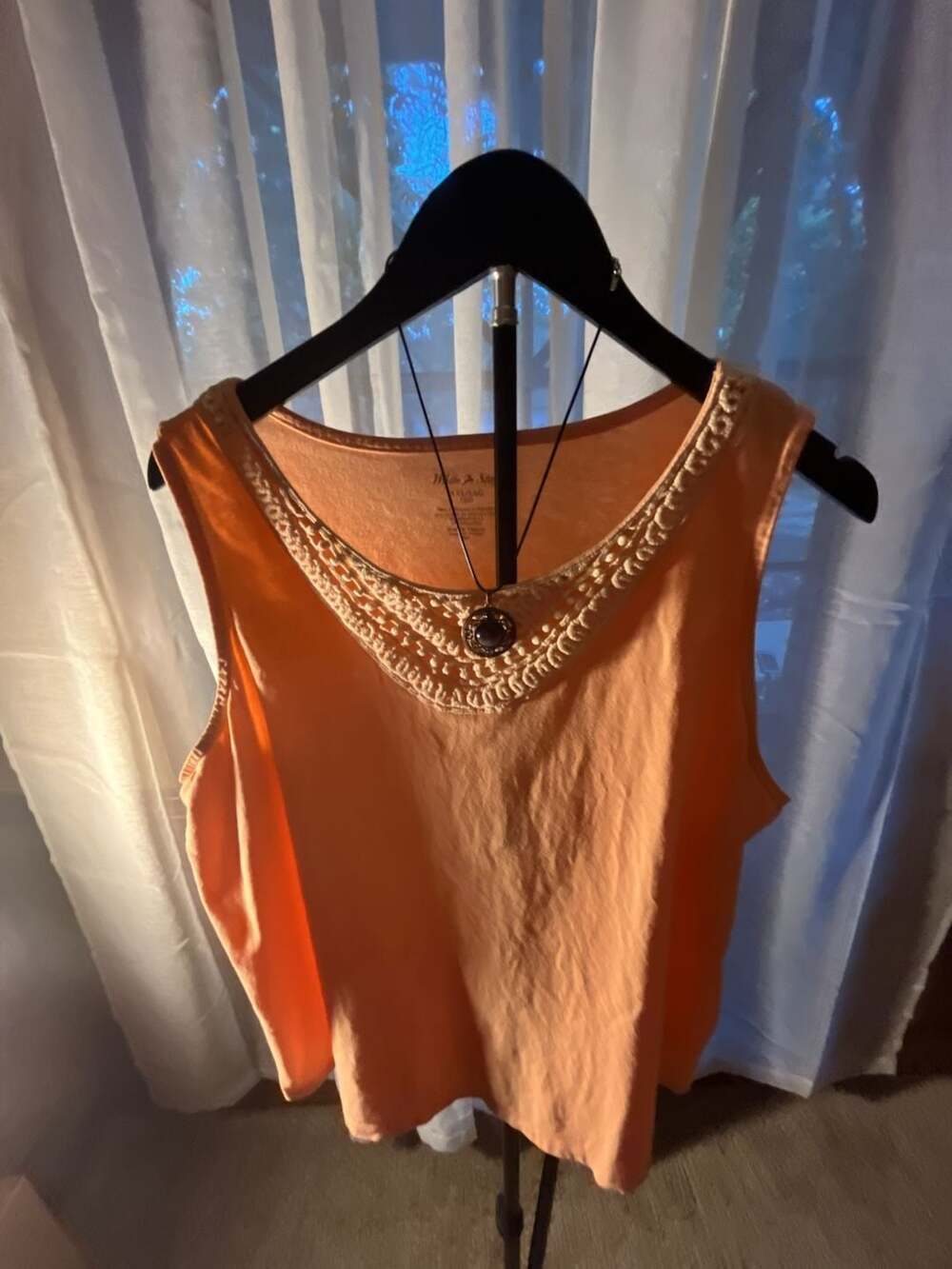 White Stag Women's Peach Sleeveless Tank Top with Embellished Crochet Neckline - Picture 7 of 7